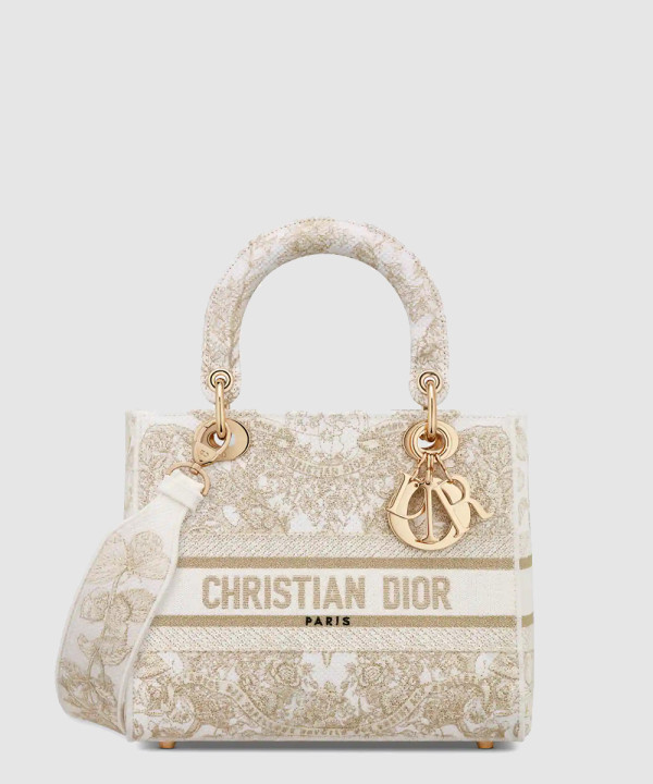 디올 미디움 레이디 디라이트 백 버터플라이 어라운드 더 월드 골드 톤 화이트 M0565