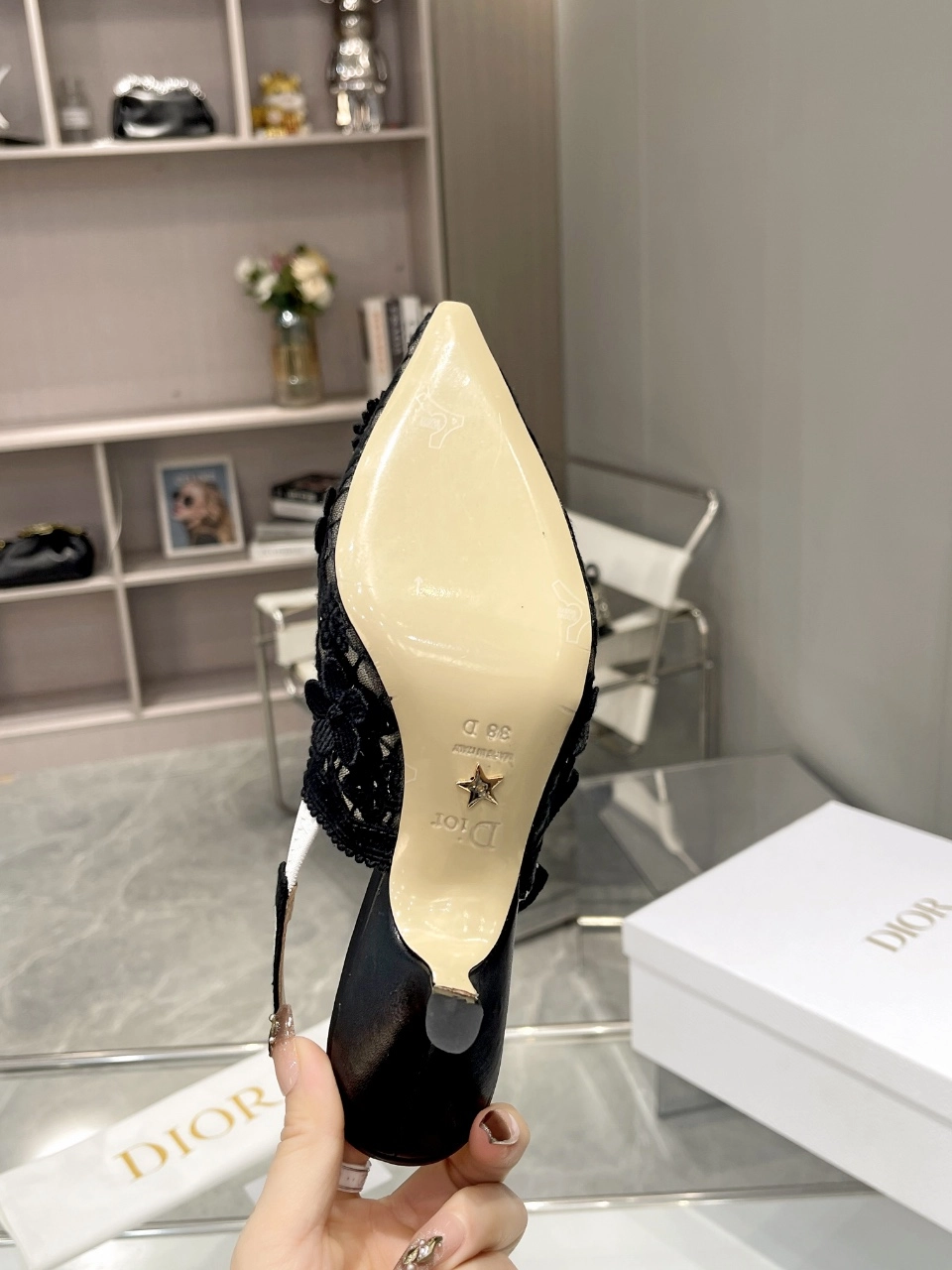 디올 자디올 슬링백 펌프스 하이힐 메쉬 블랙