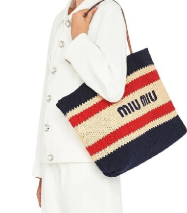 (국내배송) 미우미우 라피아 코튼 스프라이프 토트백