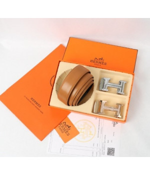 (국내배송) 에르메스 투버클 컷팅 큐빅로고 브라운 벨트