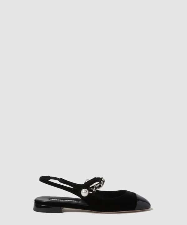 미우미우 벨벳 및 페이턴트 가죽 슬링백 발레리나 5F046E