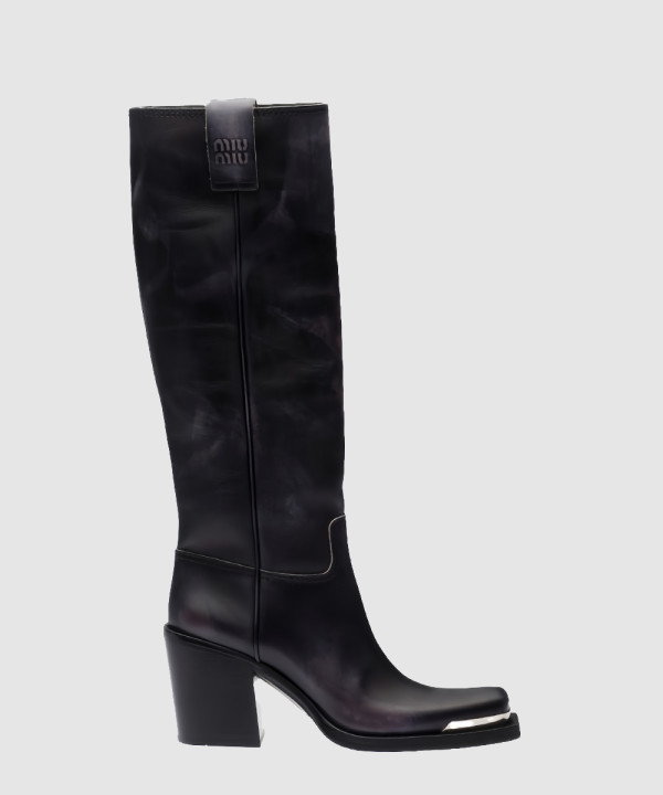 미우미우 메탈릭 토 로고 레더 롱 부츠 5W859D